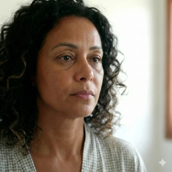 Mulher adulta em retrato frontal representando olhar cansado e flacidez nas pálpebras