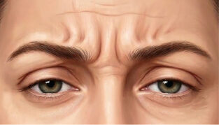 Ilustração de contração da musculatura frontal para manter os olhos abertos