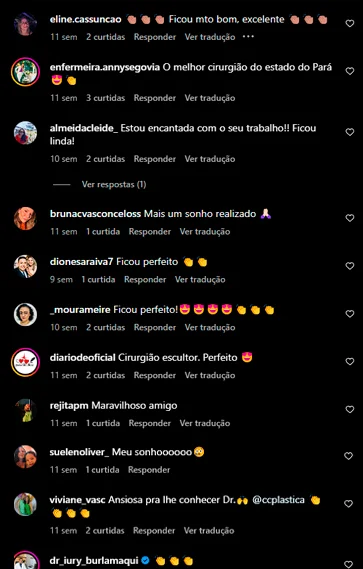 Captura de tela com comentários positivos de pacientes no Instagram