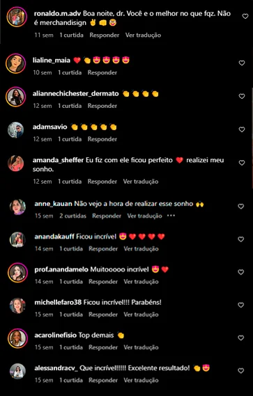 Captura de tela com comentários de pacientes sobre resultados de procedimentos